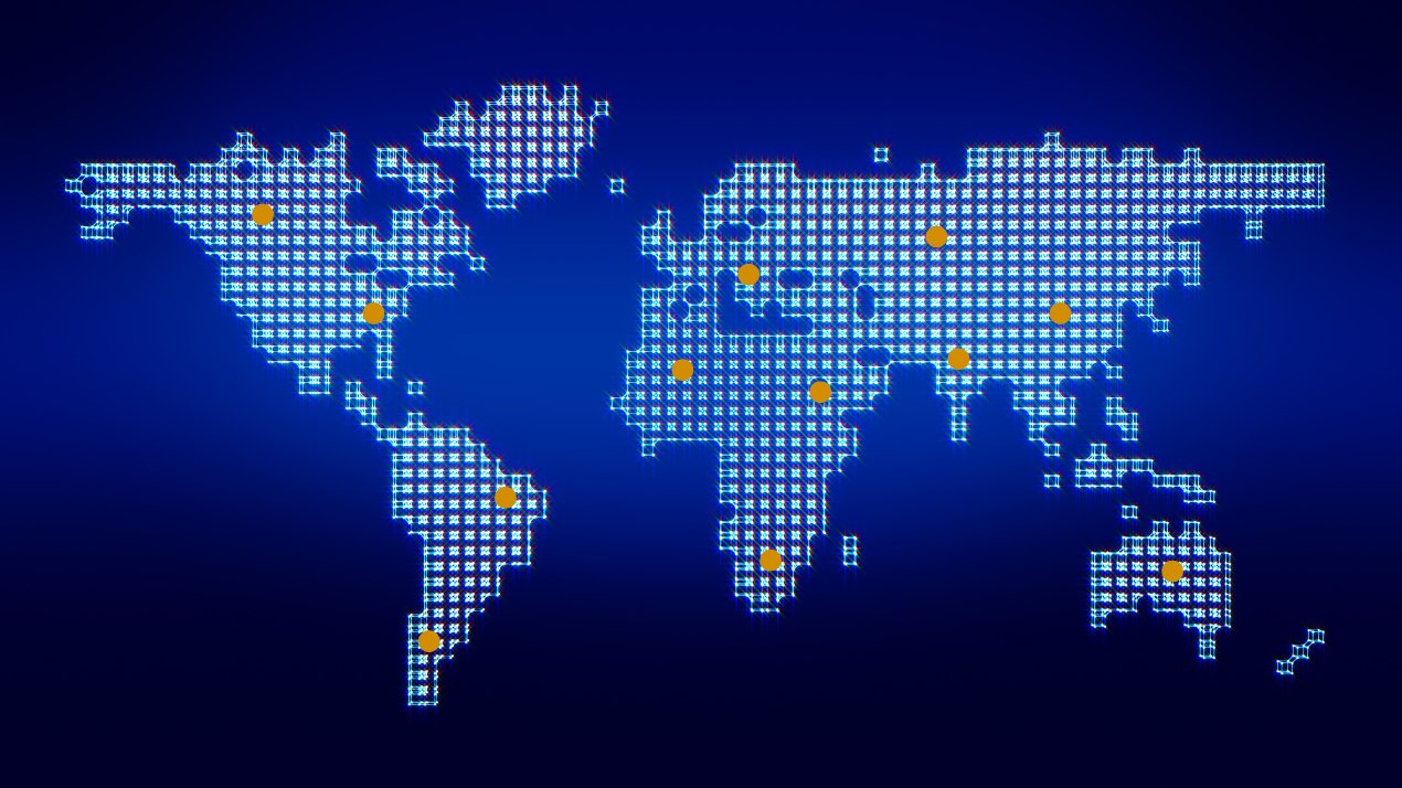 Illustration of a map of the world with dots on different sections of the map.