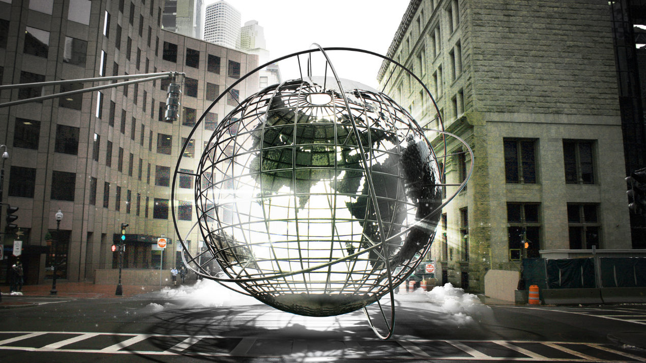 Image of wireframe globe superimposed over a street intersection